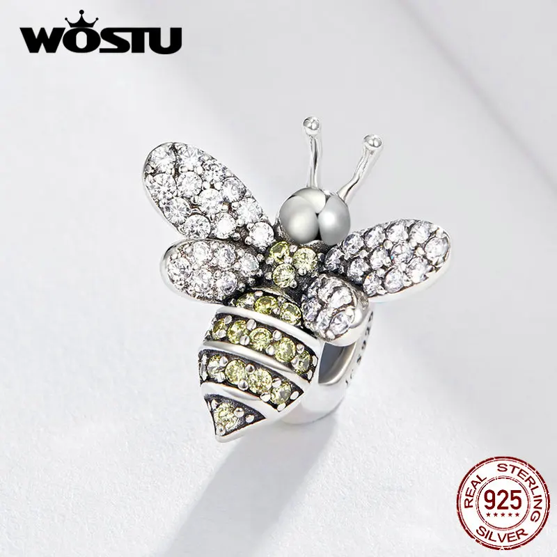 

WOSTU Golden Bee Beads 925 Sterling Silver Charm With Silicone Fit Original Bracelet Bangles Pendant DIY Jewelry Making FIC1194