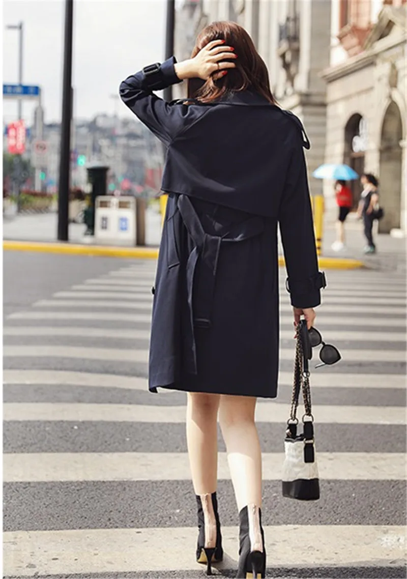 Модные длинные черные тренчи женские двубортные тонкие ветровки женские пояса повседневные однотонные пальто длинное пальто