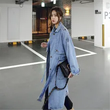 Весенняя модная женская джинсовая куртка с длинным рукавом негабаритных длинных джинсовых пальто Женская свободная уличная брендовая длинная куртка A3174