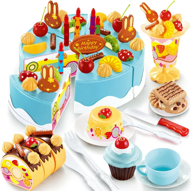 75 шт. DIY ролевые игры фрукты разрезание торта ко дню рождения кухонная игрушечная еда Cocina De Juguete игрушка розовый синий подарок для девочек