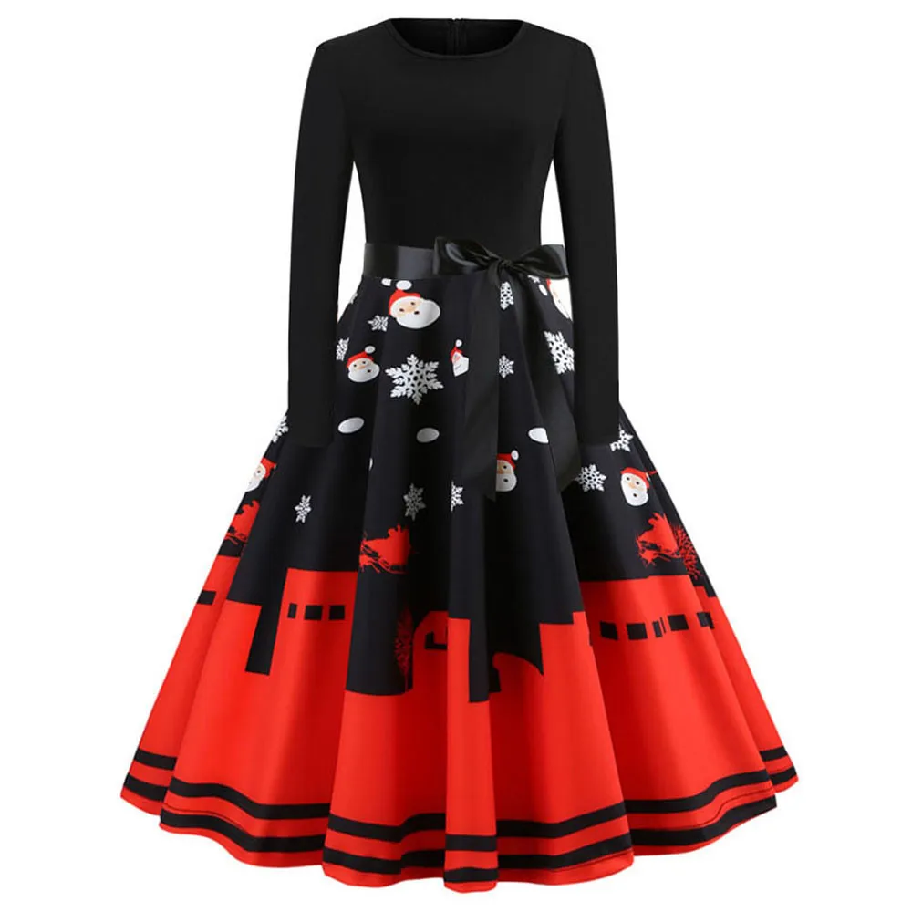 

Christmas Dress Women Vintage Print Long Sleeve Christmas Evening Party Swing Dress Vestido Navidad Mujer Fashion Woman Dress