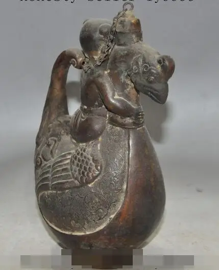 

S1157 8" old china fengshui bronze Virgins girl bird statue yellow Wine Tea Pot Flagon