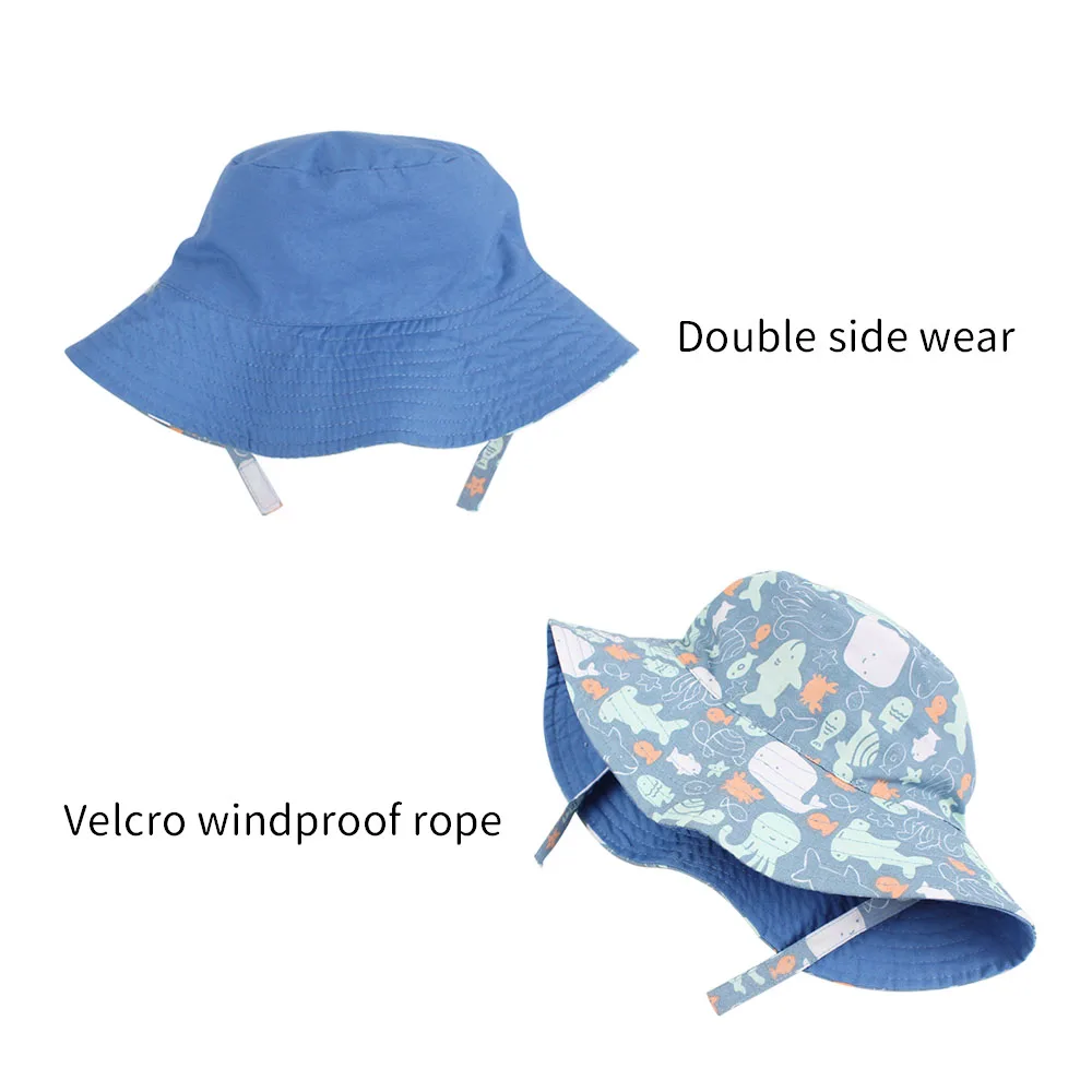 6Octopus Baby Boys Sun Bucket Hat Reversible Fisherman's Basin Cap Cotton Breathable Bonnet with Chinstrap and Marine Animal Pattern