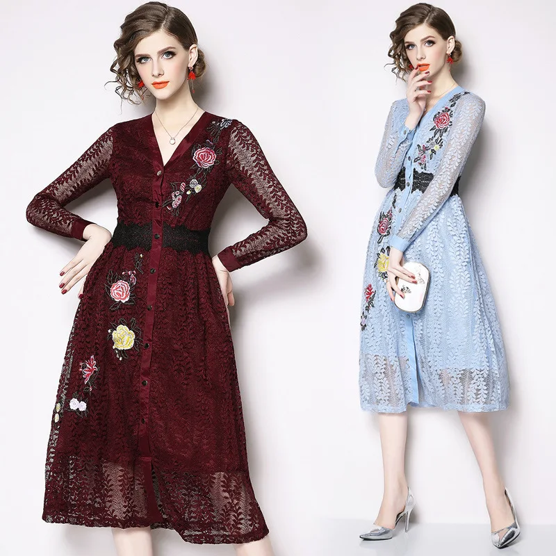 

New Autumn Fashion Women Long dress Single Breasted Slim Lace V-Neck High-end Embroidered Dresses Sky Blue Wine Red