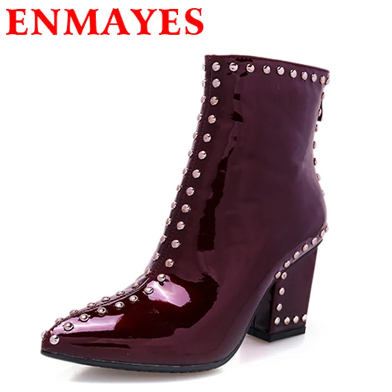 

ENMAYES Zippers High Heels Pointed Toe Rivets Shoes Woman Platform Shoes Large Size 34-41 Ankle Boots for Women Winter Boots