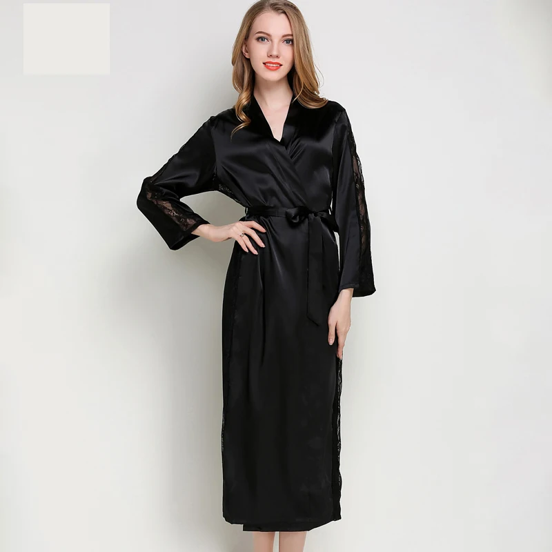 Длинный халат, сексуальный Шелковый Атласный ночной халат, кружевное кимоно, однотонный халат с длинным рукавом, банный халат, модный халат для женщин