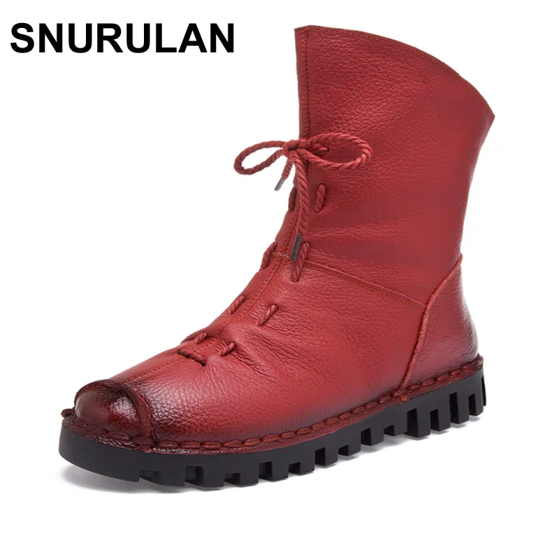 Goedkoop SNURULAN Nieuwe Vintage Stijl Lederen Vrouwen Laarzen Platte Booties Zachte Koeienhuid Damesschoenen Zip Enkellaarsjes zapatos mujer