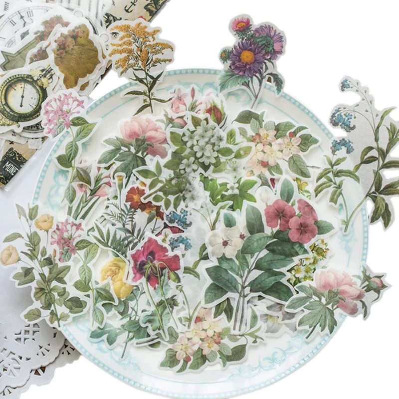 

60pcs/lot Old thing Various Special Shaped Retro Paper Sticker DIY Album Flower Plants Clocks Label Diary School