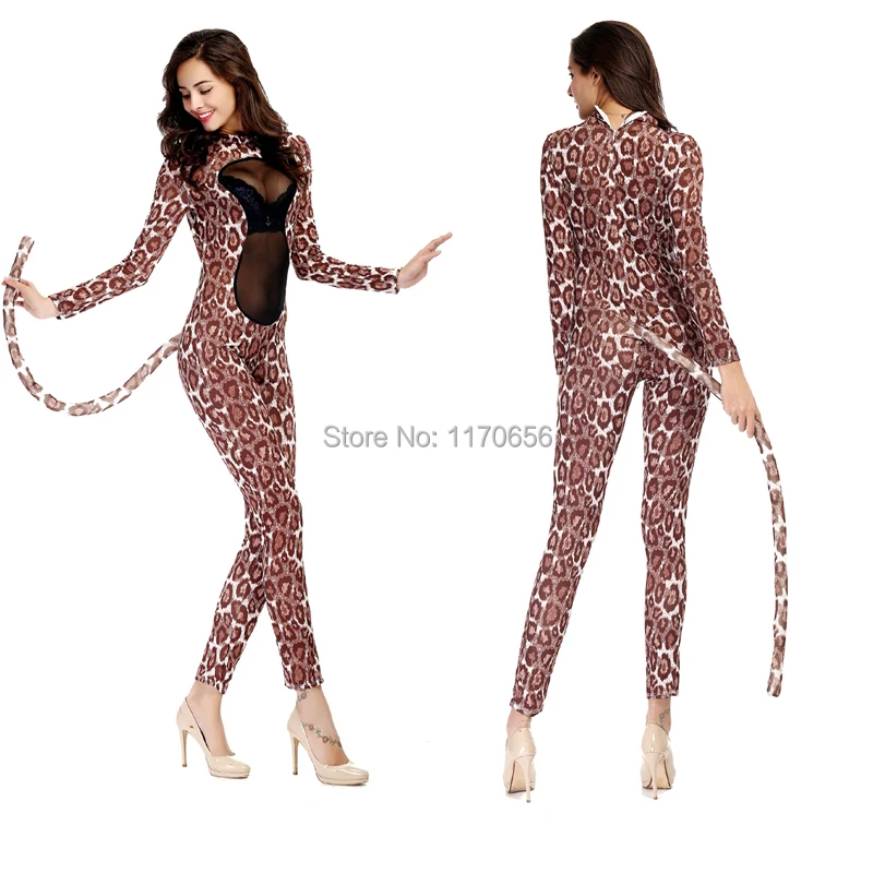 

Sexy Leopard Cat Women Jumpsuits Mesh Transparent Overall Catsuit Erotic Bodysuit Lingerie Halloween Club Cosplay Costume
