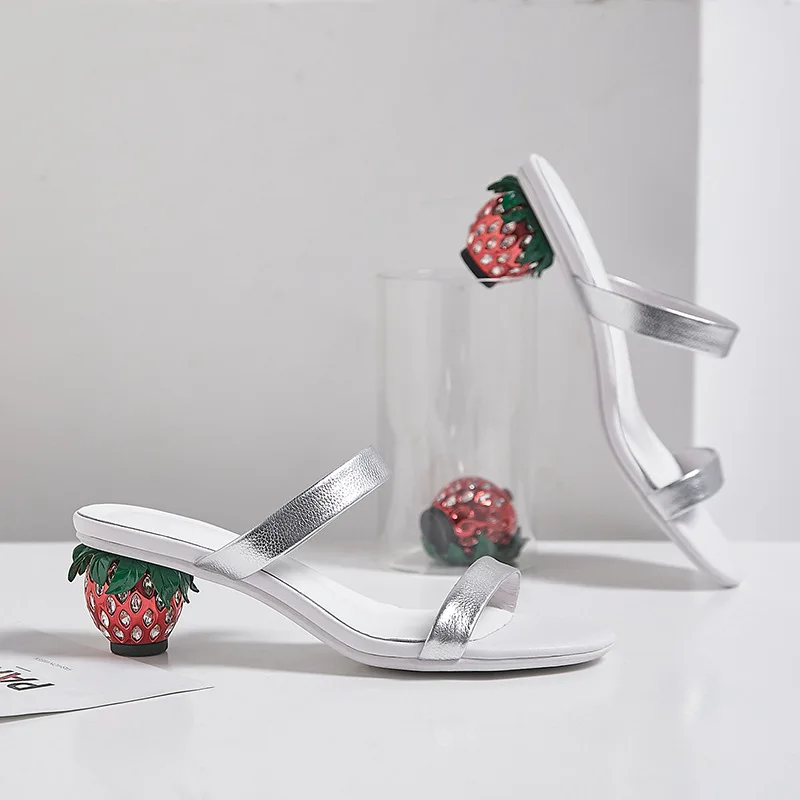 

Strawberry Pattern High Heel Slides Shoes For Summer Woman Narrow Band Casual Outdoor Shoes Solid Color Red Black Sliver