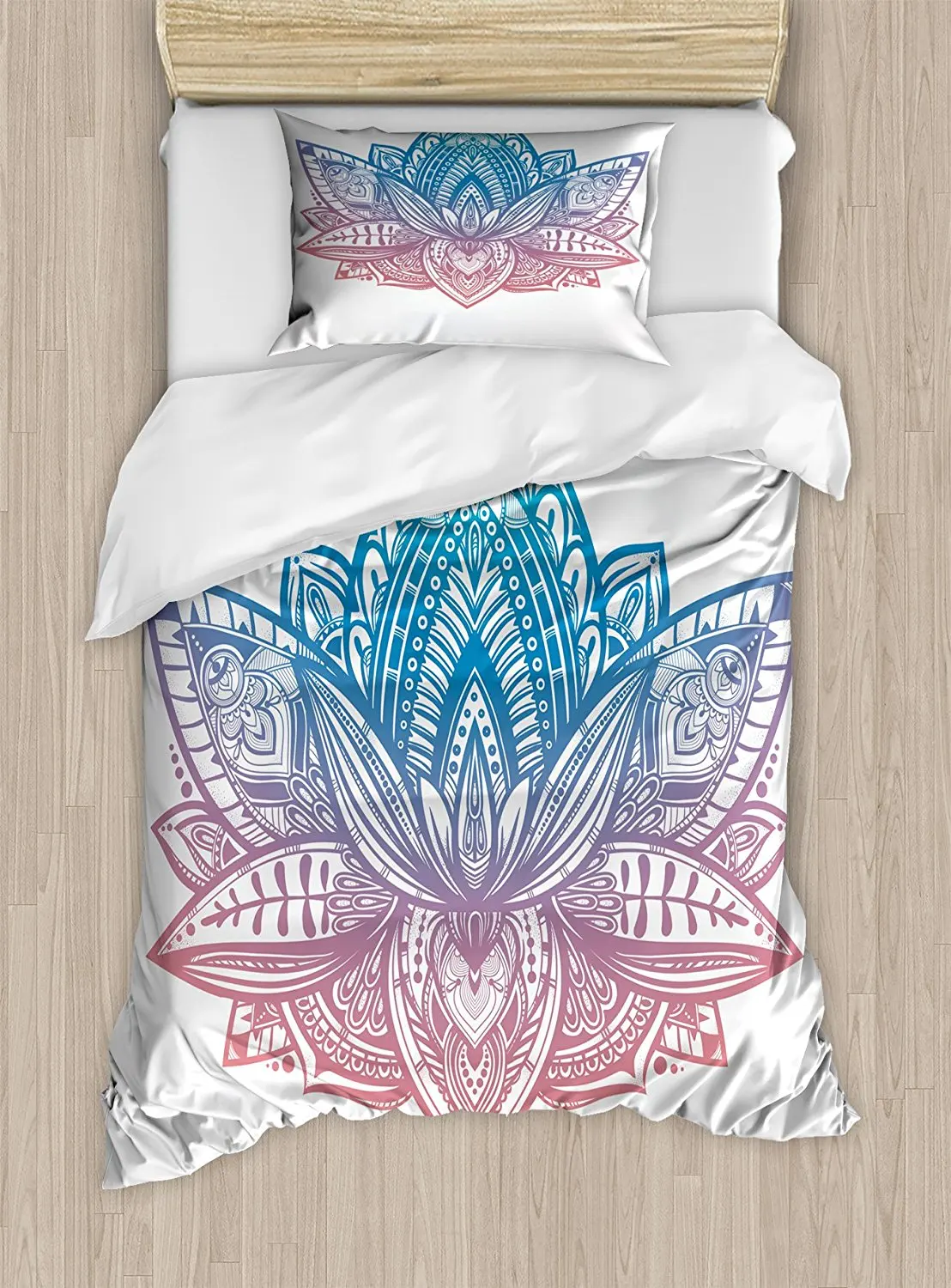 

Yoga Duvet Cover Set Tribal Patterned Boho Ornamental Lotus Flower Sacred Spiritual Artwork Bedding Set Blue White