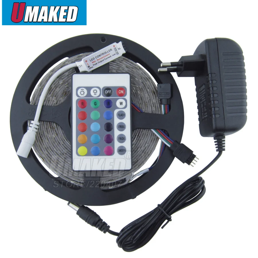 Waterproof RGB Strip kit 3528 SMD LED 300leds/5M RGB color ledLight IP65 Ribbon Tape+24key controller +12V 2A Power Adapter free DDC 