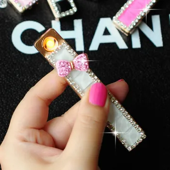

Mrs. Keychain Windproof Metal Charging Creative Gifts Lady Rhinestone Diamond Arc USB Charging Lighter Windproof Slim Light