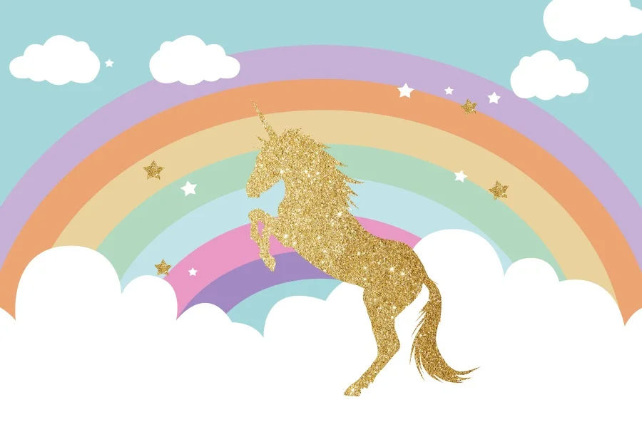 

Laeacco Unicorn Backdrops For Photography Rainbow Golden Sequins Cloud Baby Birthday Photo Backgrounds Original Design Photocall