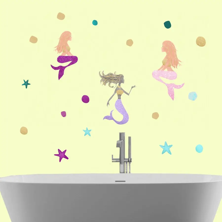 Three Colorful Mermaid Stickers On The Wall Dots And Stars Decals Decoration For House Nursery Kids Room Modern Art Waterpaper (1)