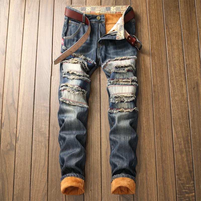 Winter Warm Men Jeans Pants Male Hip Hop Fleece Lined Destroyed Ripped Jeans Denim Distressed Biker Jeans Mens Streetwear