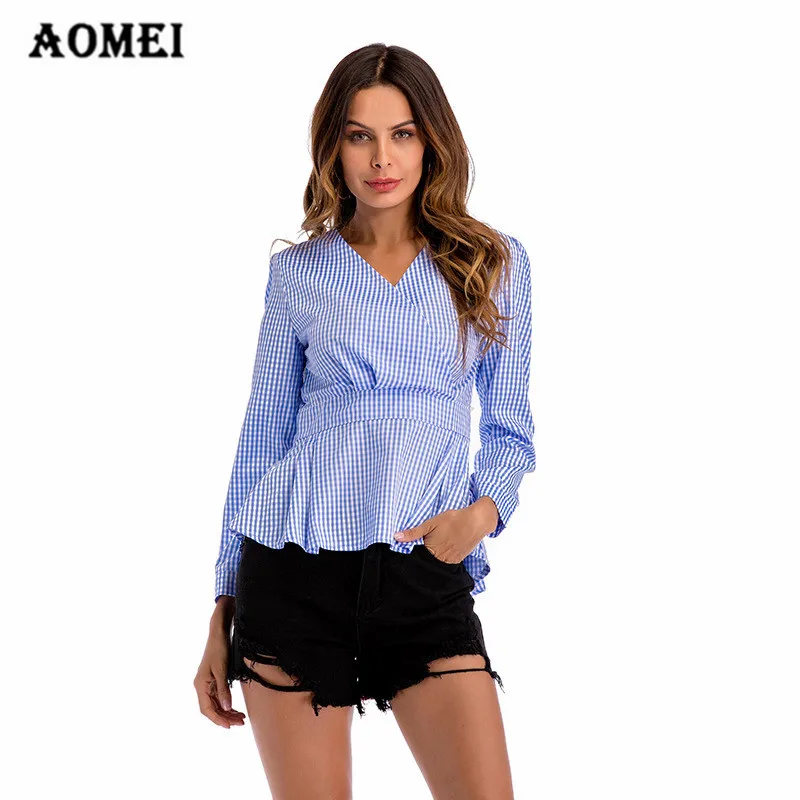 

Women Gingham Peplum Tops Blouse Shirts V Neck Long Sleeve Summer Pleat Office Ladies Fashion Lolita Spring Blusas Workwear