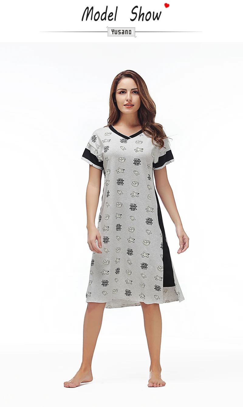 Yusano Cotton Nightgowns for Women V-Neck Nightshirt Short Sleelve Sleep Dress Cute Printed Sleepshirt Casual Nightwear