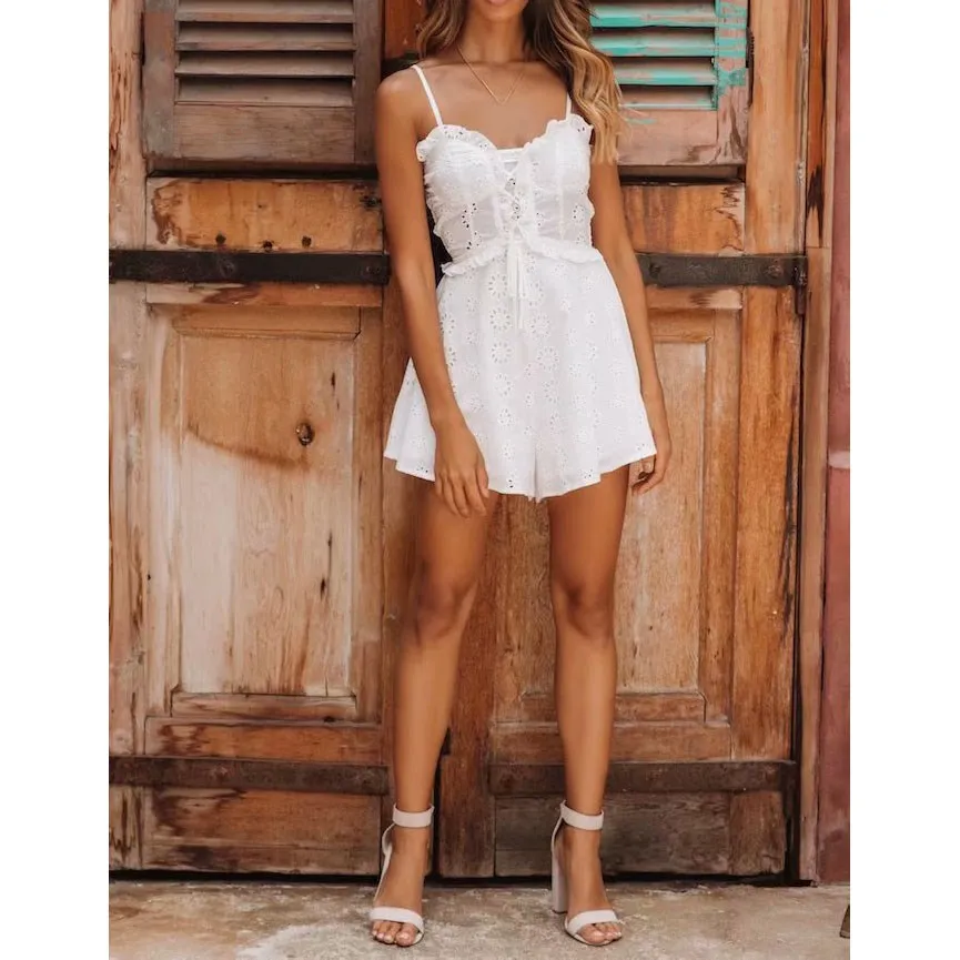 Fashion White Embroidery Spaghetti Jumpsuit 2019 Summer Women Hollow Lace Up High Waist Ruffle Rompers | Женские комбинезоны