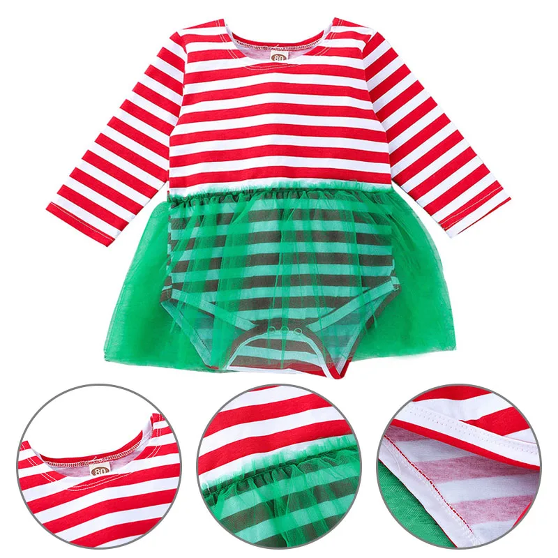 

Newborn Infant Baby Girls Pinstriped Green Gauze Long-Sleeved Dress Red White All Cotton Baby Clothing 6-18MA