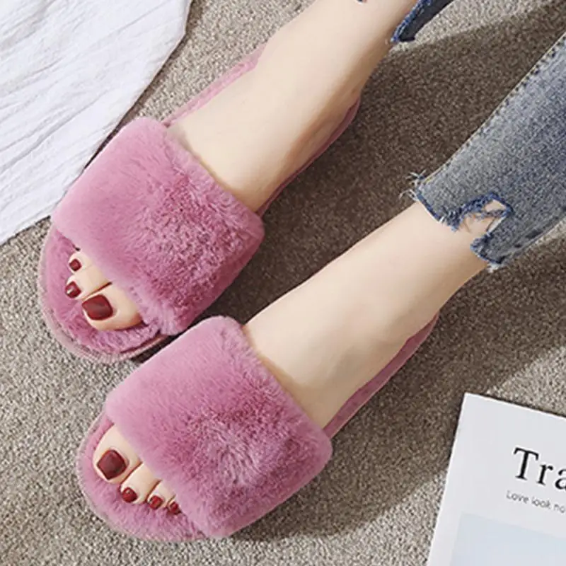 

Autumn Winter Plush Slippers Women Warm Soft Shoes Home Indoor Slippers Faux Fur Slides Ladies Non-slip Mules Pink Black Zapatos