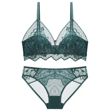 Sexy Hollow Out Lace Underwear Set Vintage Lingerie Thin Cup Wireless Bra with Transparent Panties Lace Bralette Women