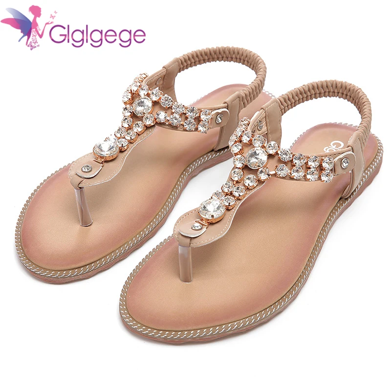 

Glglgege Fashion Flip Flops Sandals Beading Crystal Rhinestone Luxury Diamond High Quality Ladies Sandals Large Size Flat shoes