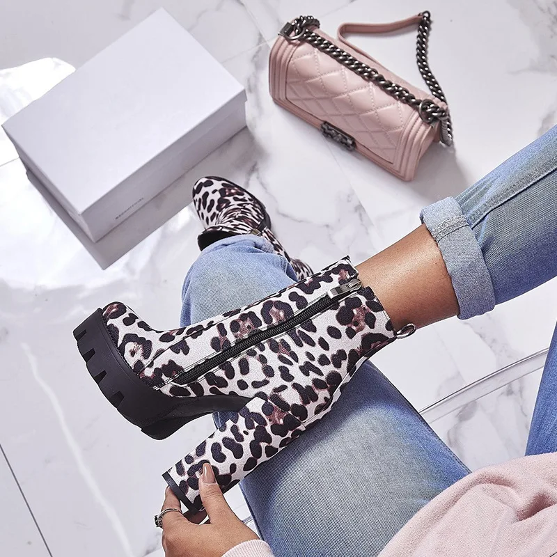 2019 Fashion Womens Boots Leopard Print Suede Women Chunky Heels Ankle Booties European Style Ladies Short Boots Bottes Femme