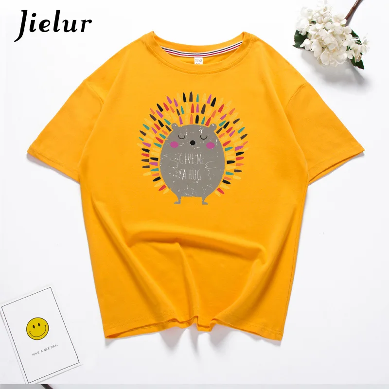 Jielur корейский стиль Ежик печатных Kawaii Футболка белая Базовая футболки хлопок для