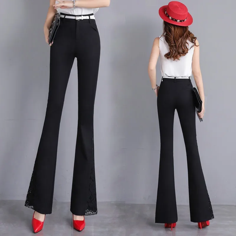Casual De Black Elegante Primavera Moda Flare Encaje Rosa Alta Mujeres Cintura roses Trabajo Balck Pantalones Patchwork Verano ZPqYf