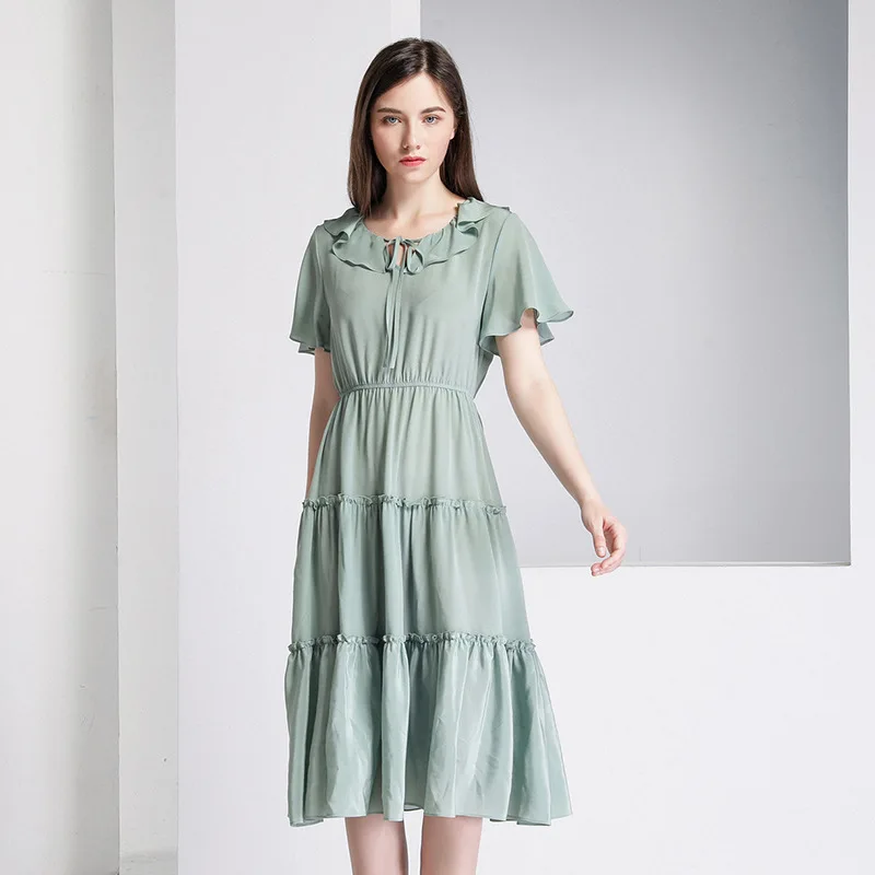 

100% Silk Dress Summer Green Midi Layered Dresses Sweet Pink sukienki Ruffles Lace Up sukienka High Quality Luxury Tunic jurken