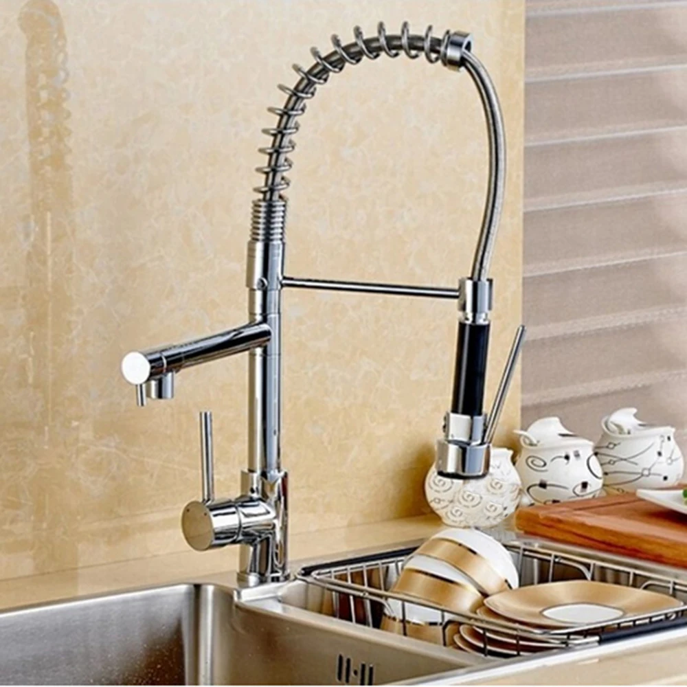 Ulgksd Chrome Solid Brass Pull Down Spray Kitchen Sink Faucet Deck