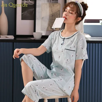 

Women Pajama Short Set 2019 New Plus Size Pajamas 100% Cotton Women Pyjama Set Short Sleeves Floral Printing Ladies Pajama Sets