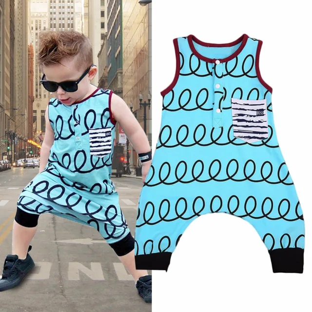 New Fasion Summer Boss Newborn Baby Boy Blue Wave Pattern Suit New Fasion Summer Boss Newborn Baby Boy Blue Wave Pattern Suit Romper Infant Jumpsuit Clothes