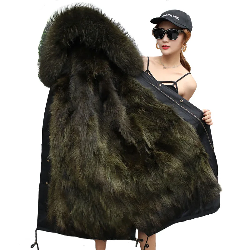 

Faux fox fur parker women 2018 winter high quality Thicken Raccoon fur liner coat Plus size 16 colors Hooded jackets female N192