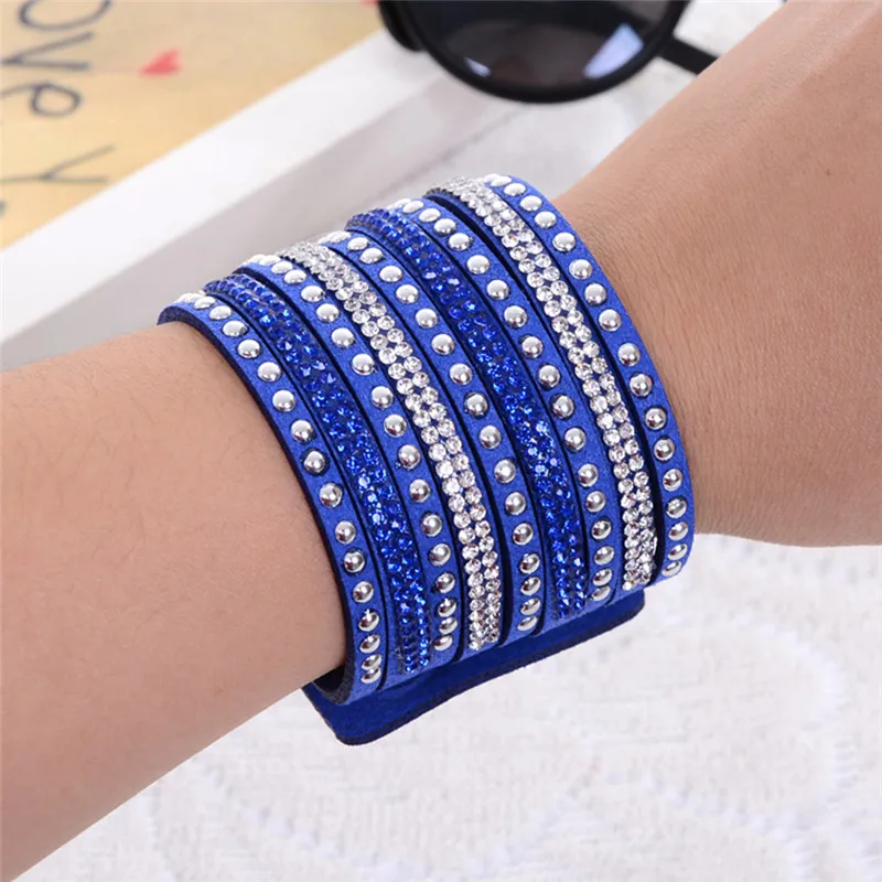 New Fashion Leather Wrap Wristband Cuff Punk Crystal Rhinestone