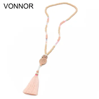 

VONNOR Necklace for Women Bohemain Handmade Wood Beads Necklaces Stone Tassel Pendant Long Necklace for Dress Sweater Chain
