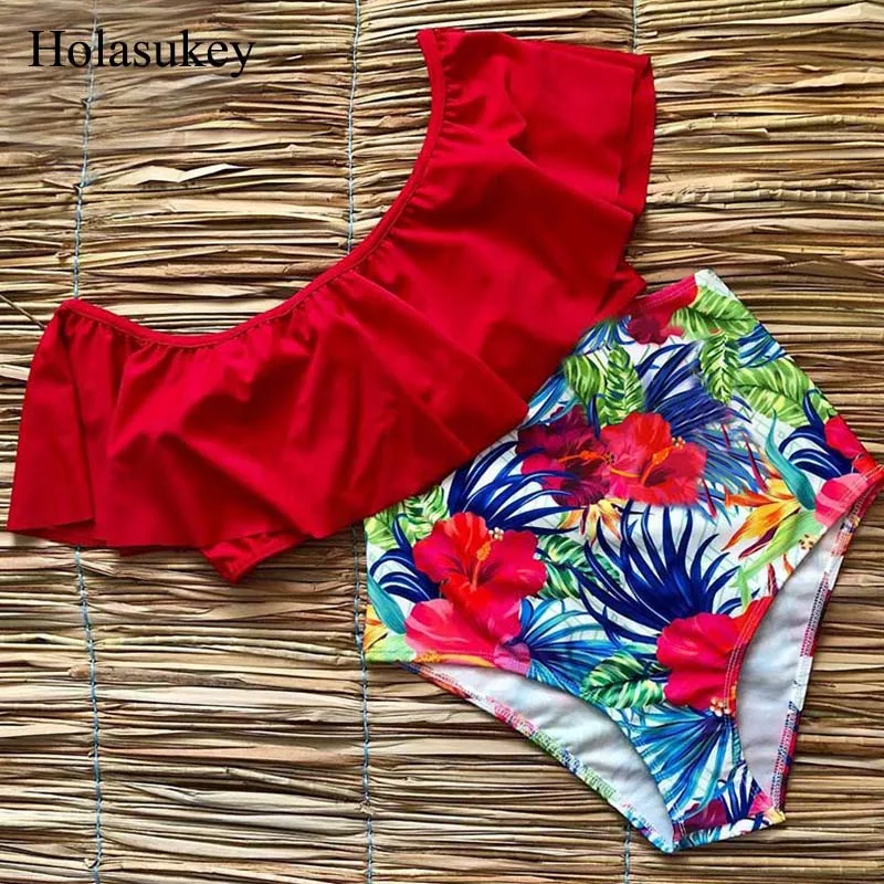 

HolaSukey Print Bikini Bordered Ruffles Swimwear Deep V Bikinis Set Sexy Swimsuit 2019 New Women Bathing Suit Beach Biquini