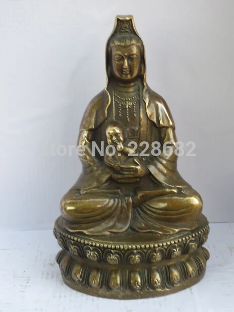 

Collectible Chinese Decorated Old Copper Carved Guanyin Bodhisattva Send Children Sculpture /statue old