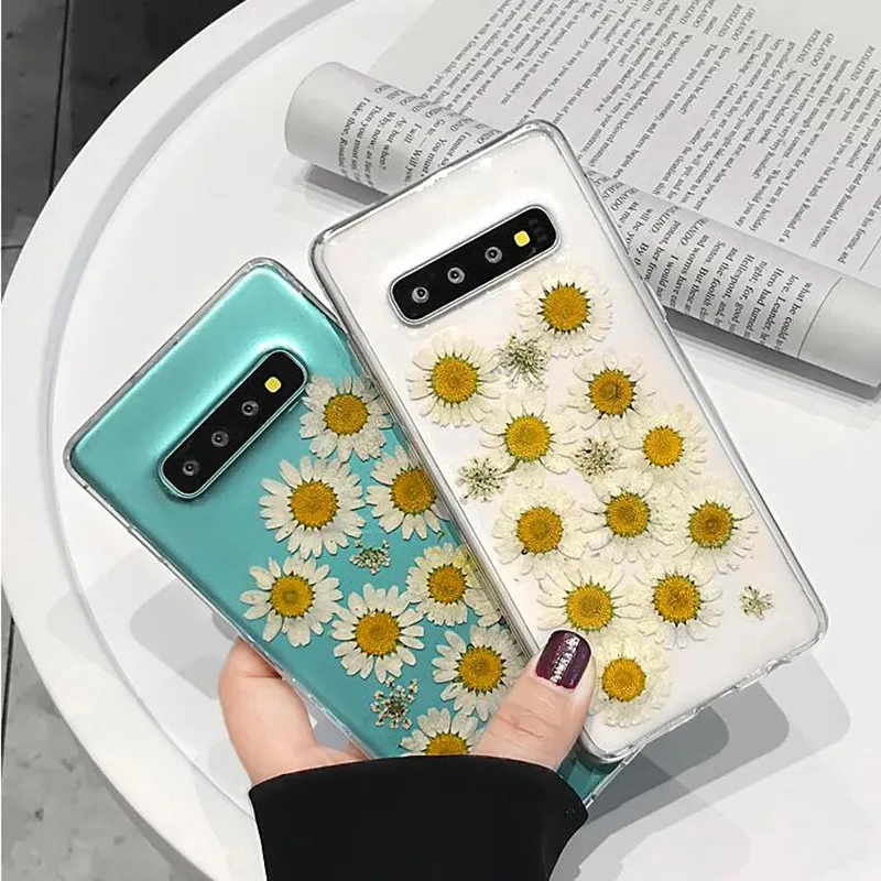 

Dried Real Flower Small daisy Clear transparent Phone case For Samsung Galaxy S8 S9 S10 Plus Note 8 9 Soft TPU Handmade Cover