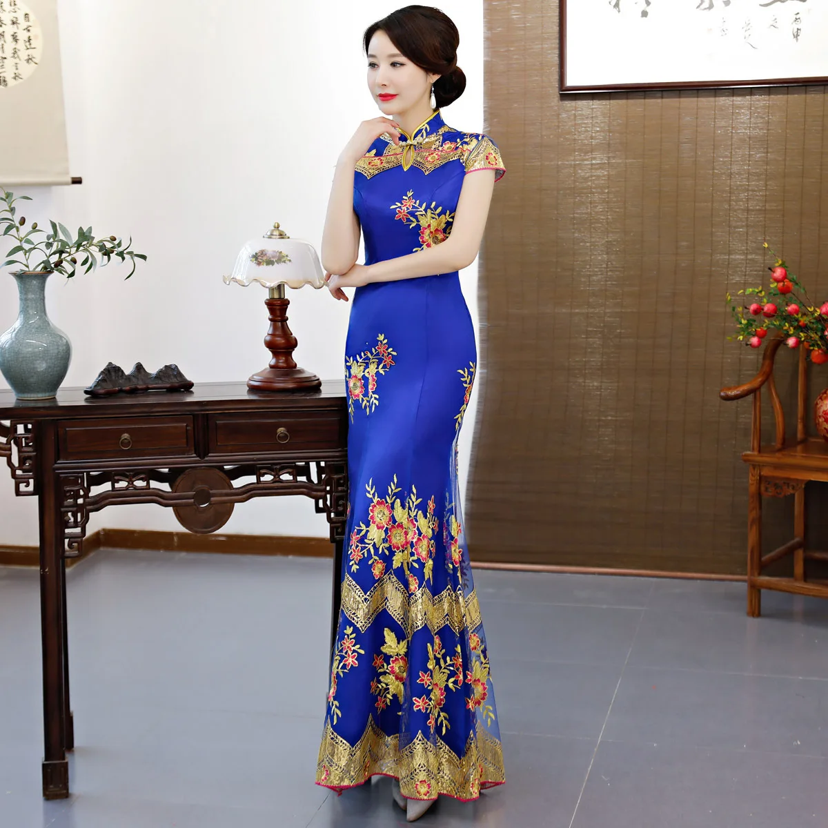 Blue Party Cheongsam Chinese Traditional Style Womens Elegant Slim Qipao Evening Dress Sexy Mini Robe Retro Vestidos S-3XL | Тематическая