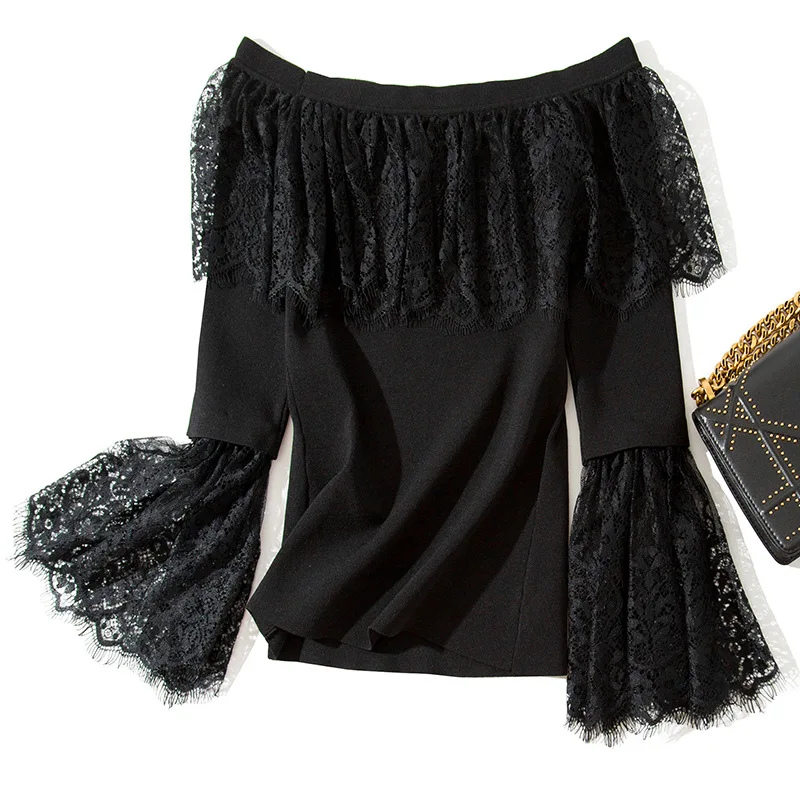 Solid lace elastic knit patchwork slash neck slim pullovers sweater 2018 new flare sleeve off shoulder women autumn sweater