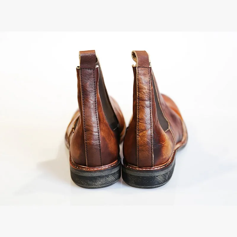 Классические ботинки «Челси» из натуральной кожи в винтажном стиле; мужские Ботильоны без застежки ручной работы; Осенняя защитная обувь с круглым носком и высоким берцем для пары