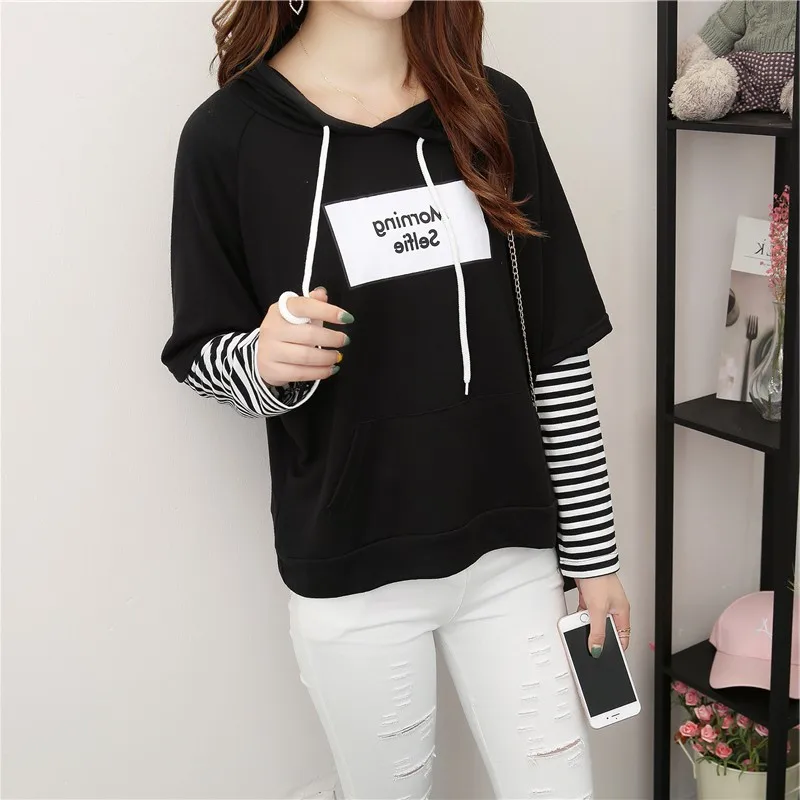  MERRY PRETTY Fake two Pieces Striped Patchwork Hoodies Sweatshirts Autumn Winter Women Letter Print