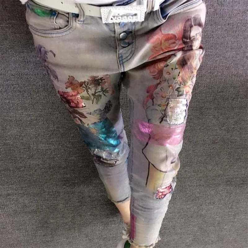 Flores Pantalones Azul 2018 De Largos Belleza Flaco Moda Primavera Oro Jeans Señoras Otoño Denim Lápiz 3d Europa Pintura Mujer OxqTwUqB