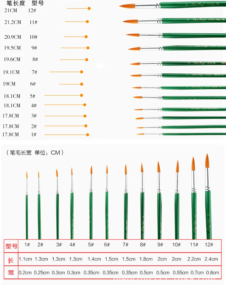 12 шт. нейлон материал волос зеленый цвет картина кисти художника