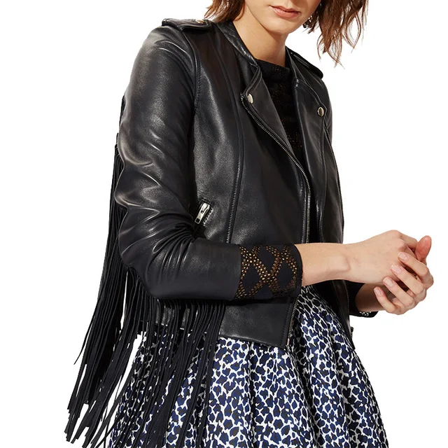 Women solid black fringe faux PU leather tassel jackets short