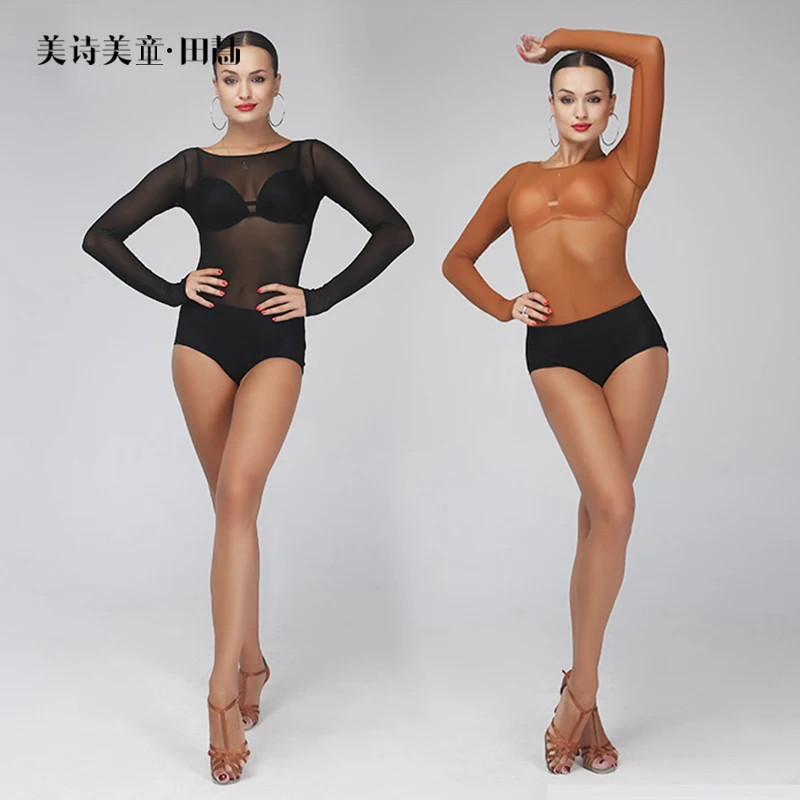 

Latin Base Clothing Gauze Dance Training Performance Mesh Bodysuit Woman Long Sleeve