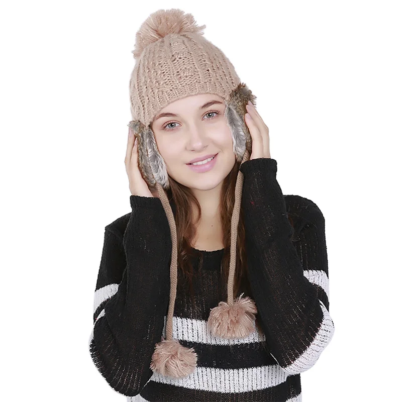 Fashion Pom Pom Knitted Hat with Earmuffs Women Winter Warm Hats Fur
