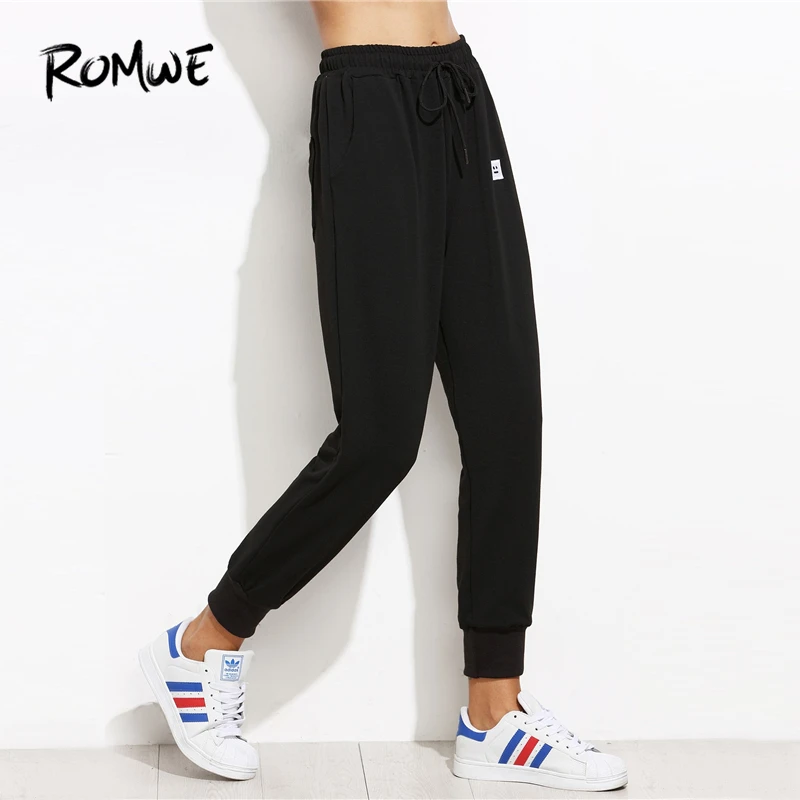 ROMWE черный Drawstring Patched Jogger низ брюки женские повседневные осенние простые тренировочные брюки спортивные зауженные Морковные укороченные